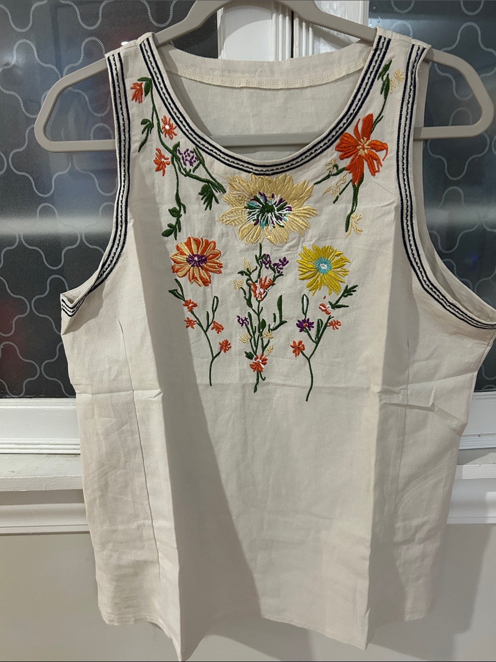 Embroidered Cream Floral Sleeveless Top